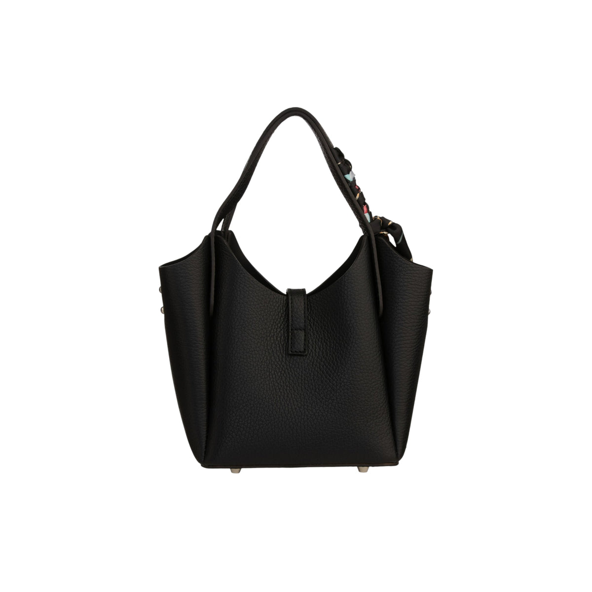 Black pebbled leather handbag with a single top handle, front strap closure, gold-toned side studs, and feet. Colorful charm.