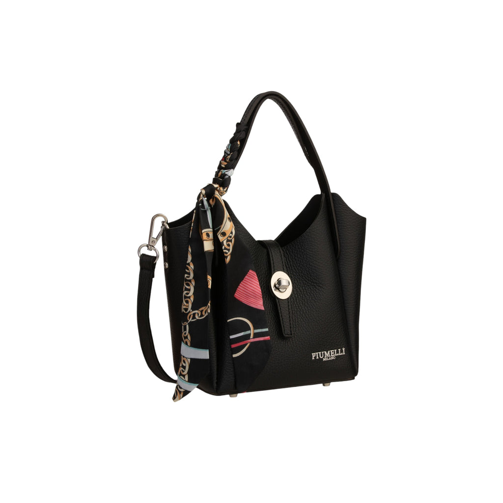 Black pebbled leather bucket bag with a single handle, detachable strap, silver-toned turn-lock, and a black scarf with gold-