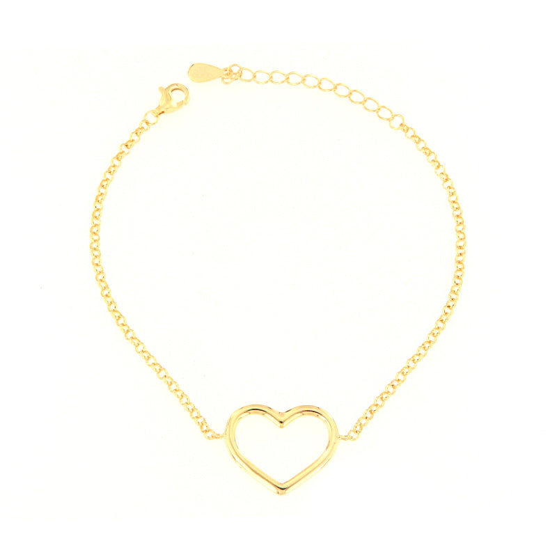 Gold-toned metal bracelet with a central open heart charm, fine curb chain, lobster clasp, and extender chain.