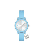 Light blue silicone watch with heart-shaped lugs, silver-toned dial with blue numbers, and a silver-toned four-leaf clover ch