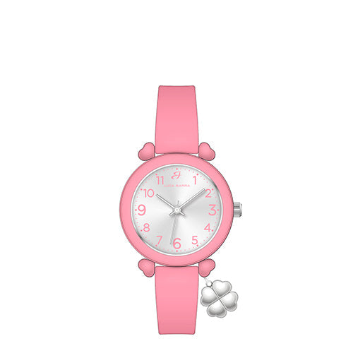 Pink silicone watch with a round silver-toned face, white numbers, pink heart lugs, and a silver-toned four-leaf clover charm