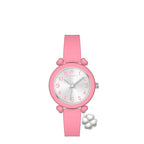 Pink silicone watch with a round silver-toned face, white numbers, pink heart lugs, and a silver-toned four-leaf clover charm