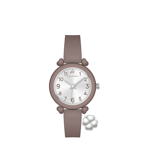 Taupe watch with a silver-toned face, black numerals, and heart-shaped lugs. A silver-toned four-leaf clover charm hangs from