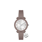 Taupe watch with a silver-toned face, black numerals, and heart-shaped lugs. A silver-toned four-leaf clover charm hangs from