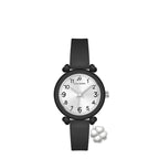 Black Luca Barra women's watch with a silver-toned round case, silver dial, and a silver-toned four-leaf clover charm.