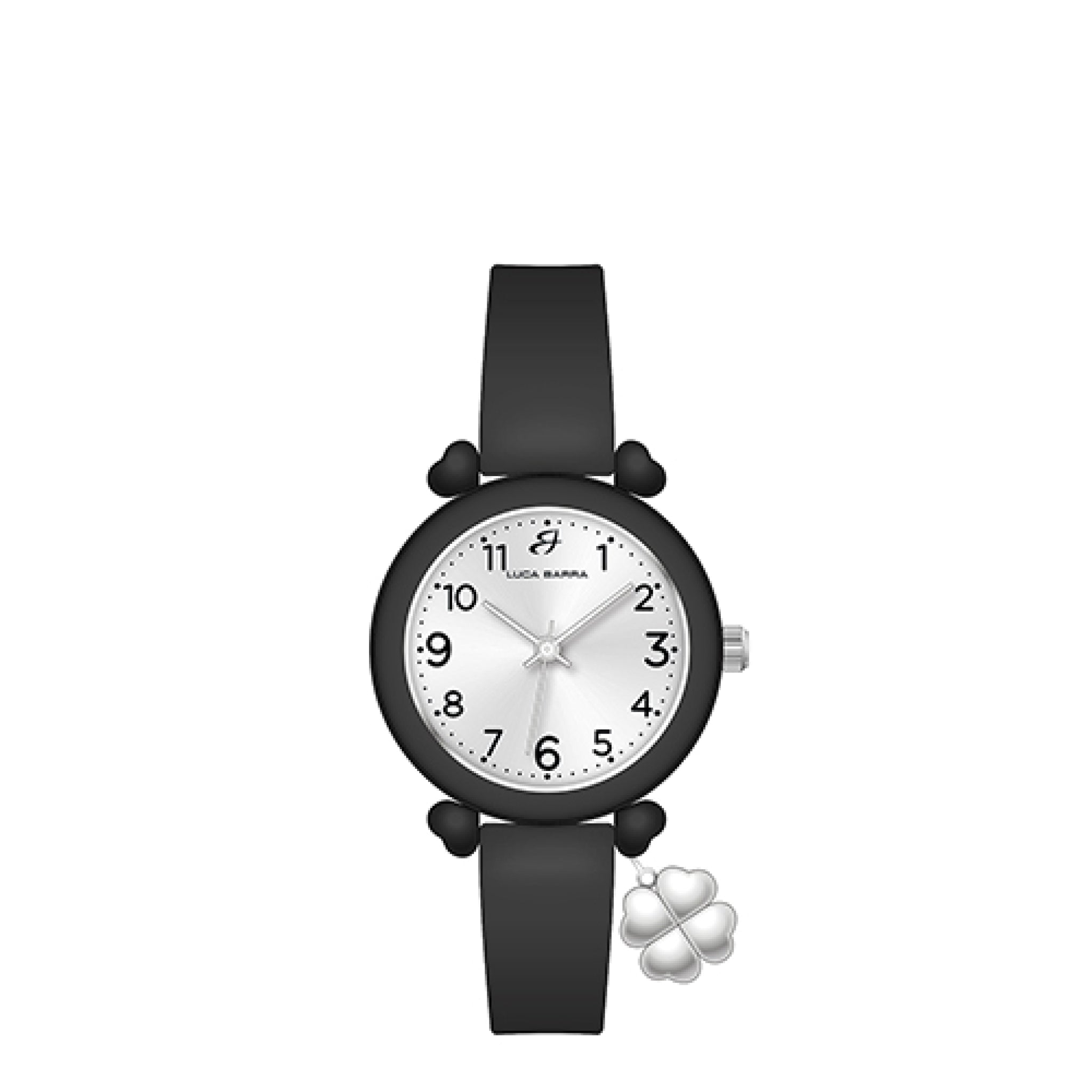 Black Luca Barra women's watch with a silver-toned round case, silver dial, and a silver-toned four-leaf clover charm.