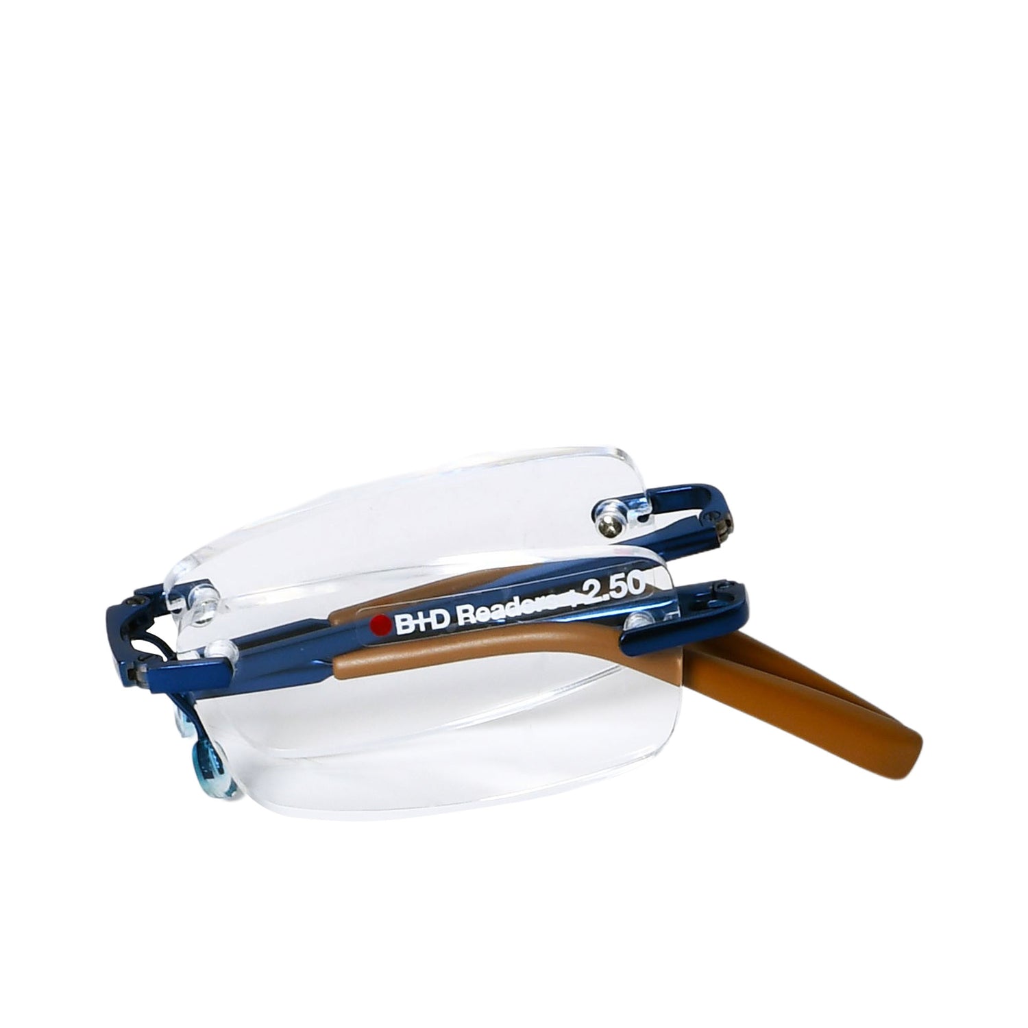B+D Unisex Rimless Reading Glasses in Blue with Brown Temples — Now Available Online.