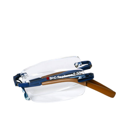 B+D Unisex Rimless Reading Glasses in Blue with Brown Temples — Now Available Online.