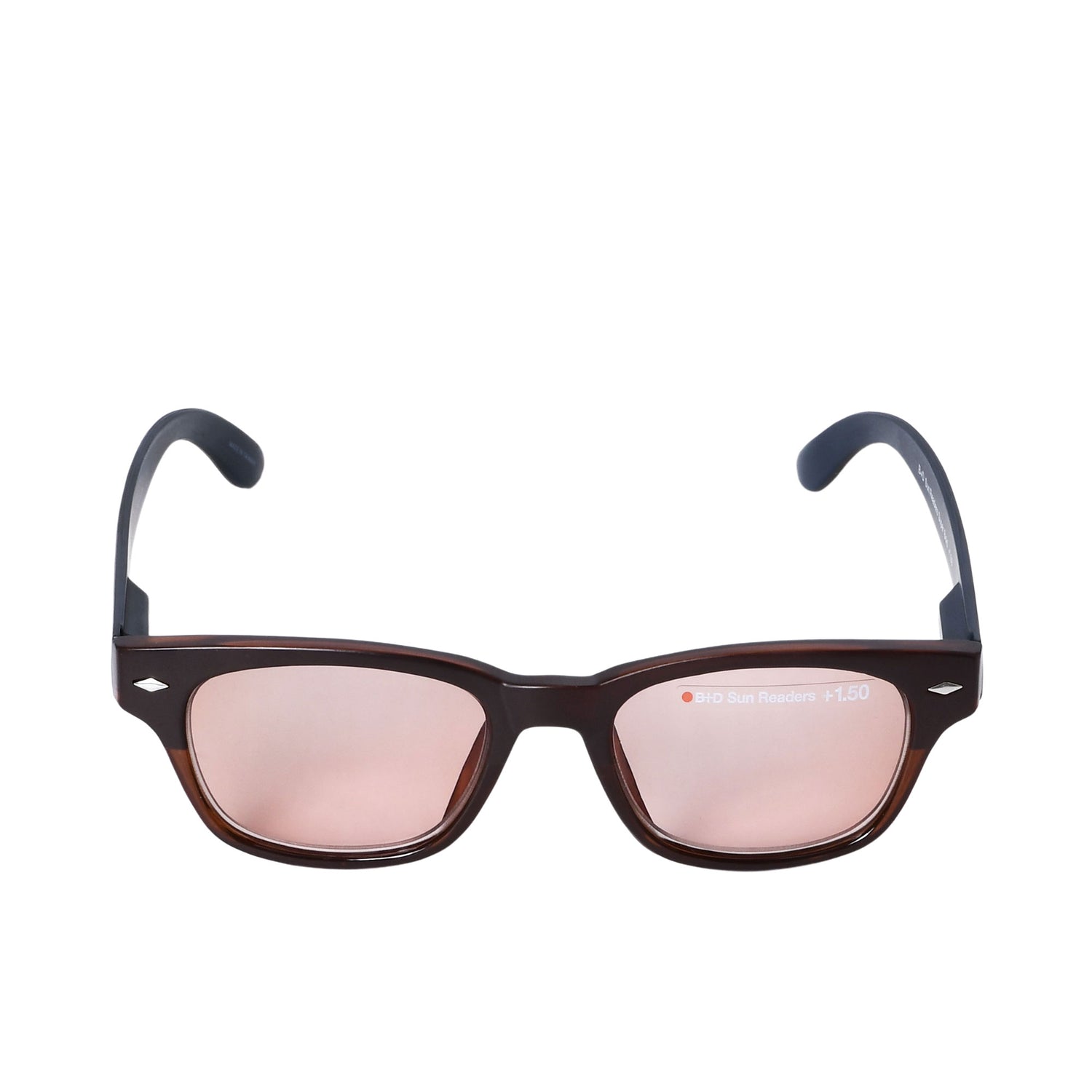 B+D BIO Sun Readers +1.50 with dark Wayfarer-style frame and tinted rose-brown lenses for stylish outdoor reading. Available for Online Purchase.