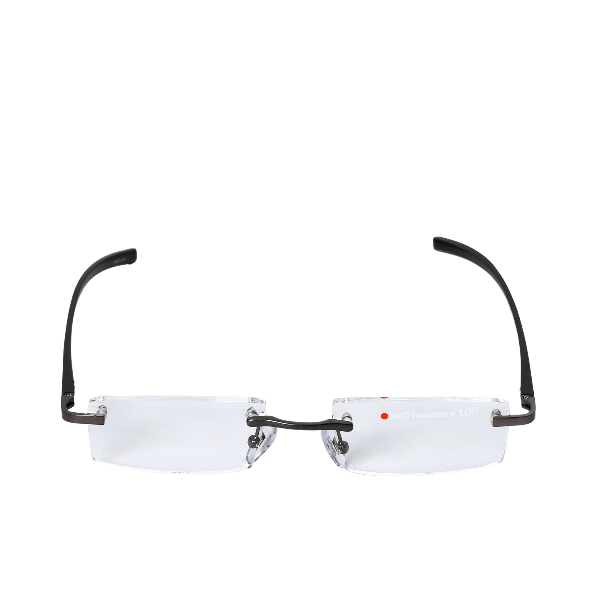 B+D rimless reading glasses with clear +1.00 HD lenses, slim dark temples, and minimalist gunmetal bridge