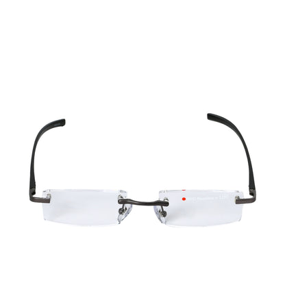 B+D rimless reading glasses with clear +1.00 HD lenses, slim dark temples, and minimalist gunmetal bridge