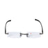 B+D rimless reading glasses with clear +1.00 HD lenses, slim dark temples, and minimalist gunmetal bridge