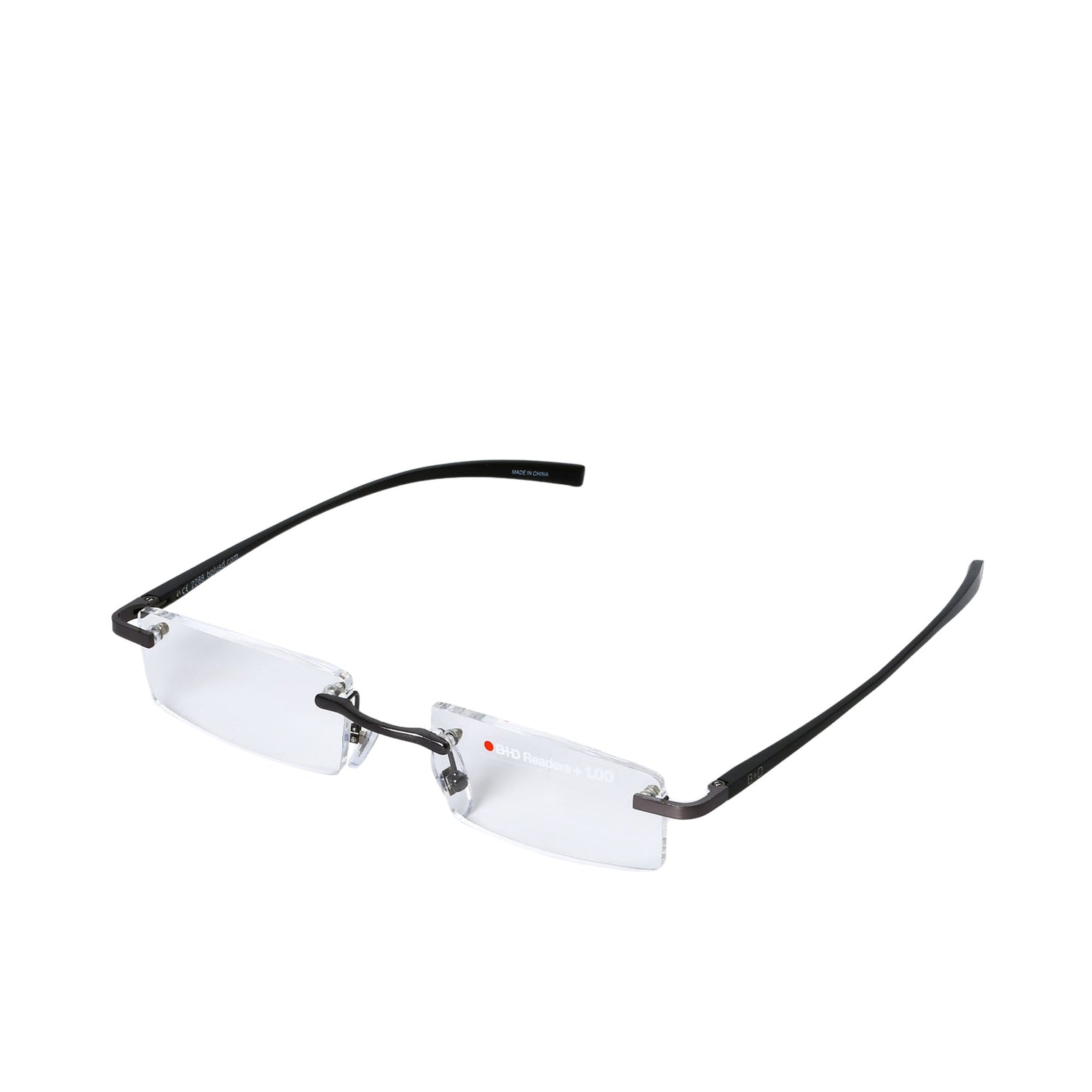 B+D rimless reading glasses with clear +1.00 HD lenses, slim dark temples, and minimalist gunmetal bridge