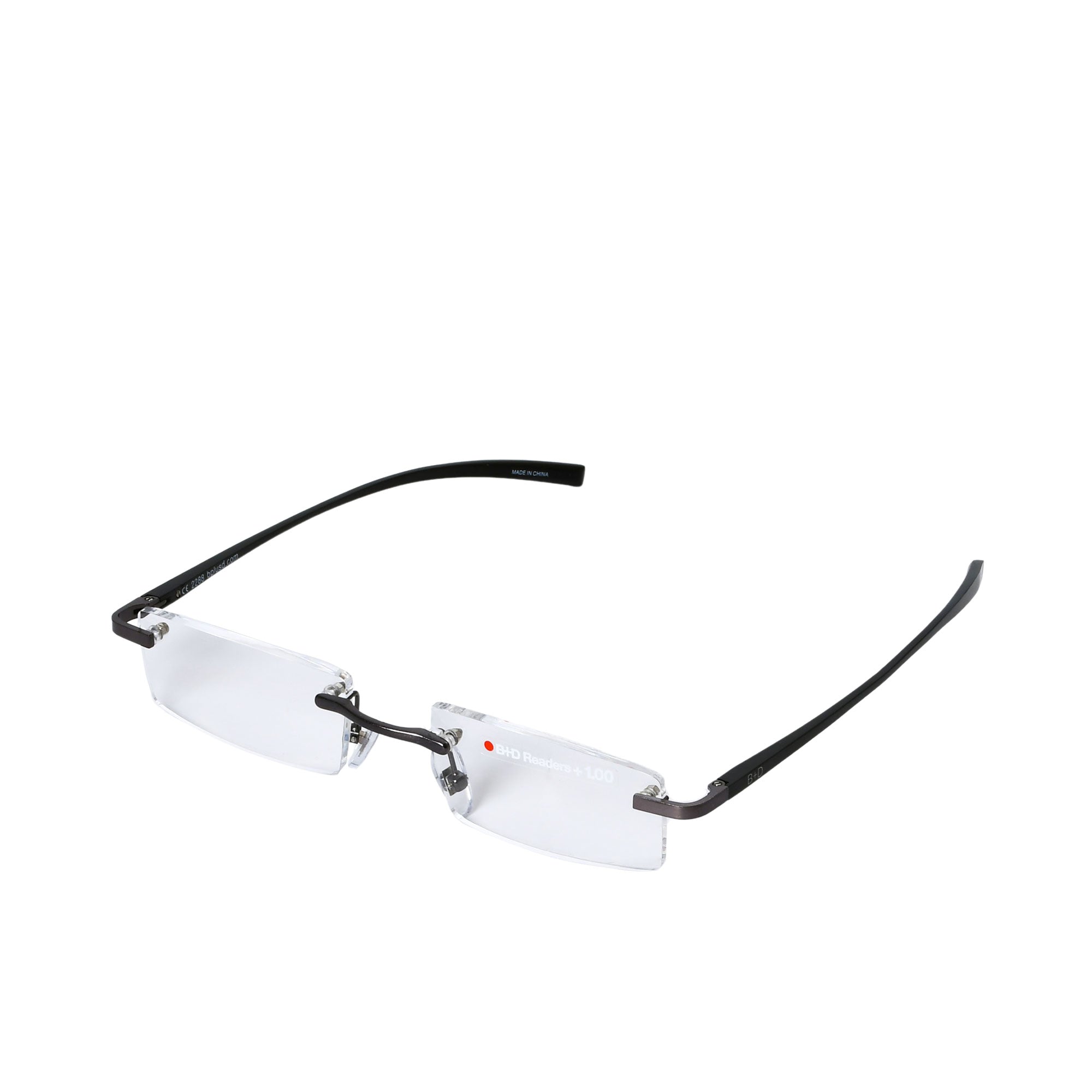 B+D rimless reading glasses with clear +1.00 HD lenses, slim dark temples, and minimalist gunmetal bridge