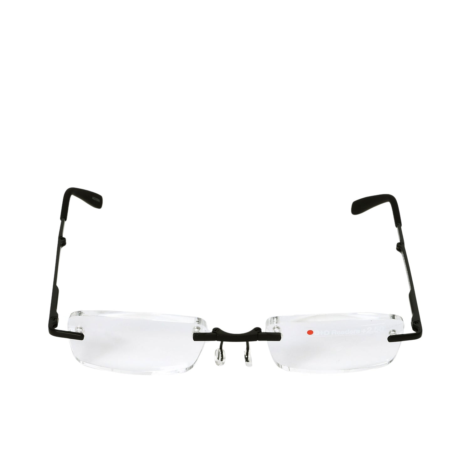 B+D Unisex Black Rimless Reading Glasses with Clear Lenses — Available Online Today.
