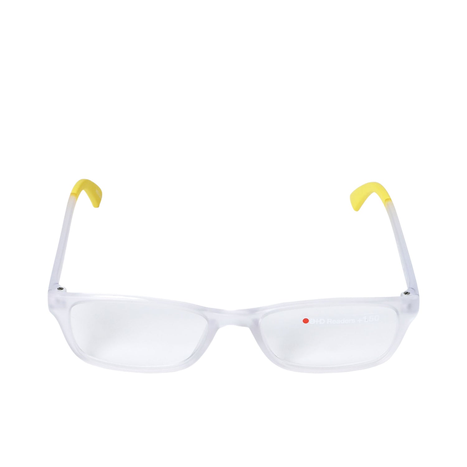 B+D Unisex Clear and Yellow Rectangular Reading Glasses with Clear Lenses — Available for Online Purchase.