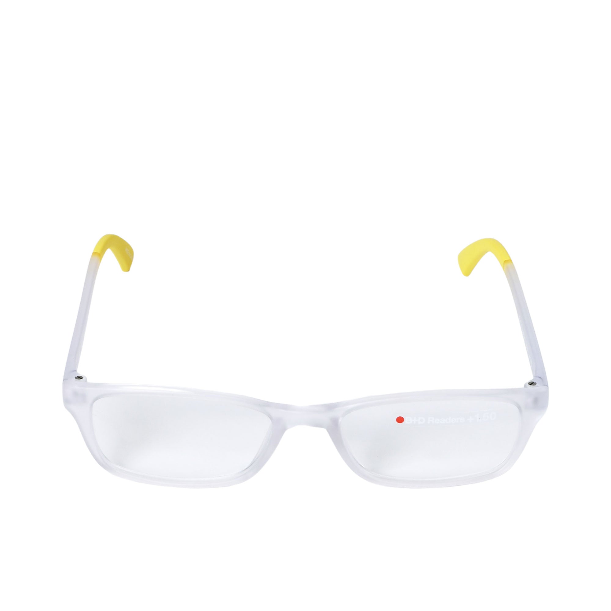 B+D Unisex Clear and Yellow Rectangular Reading Glasses with Clear Lenses — Available for Online Purchase.