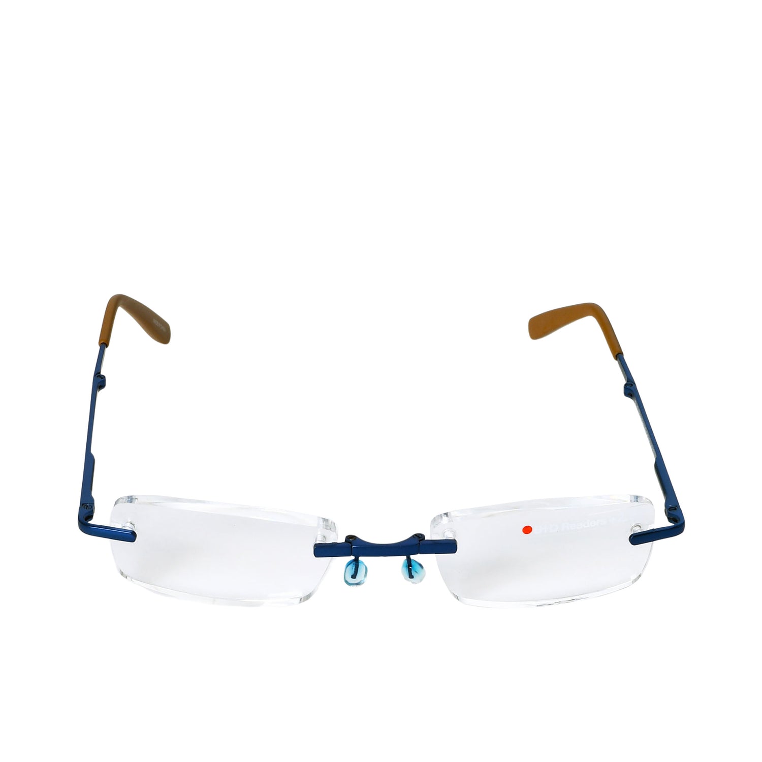 B+D Unisex Rimless Reading Glasses in Blue with Brown Temples — Now Available Online.
