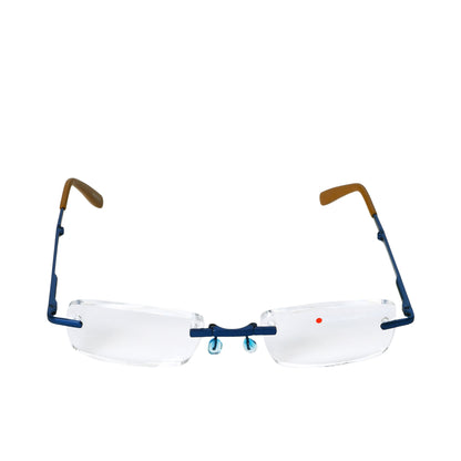 B+D Unisex Rimless Reading Glasses in Blue with Brown Temples — Now Available Online.