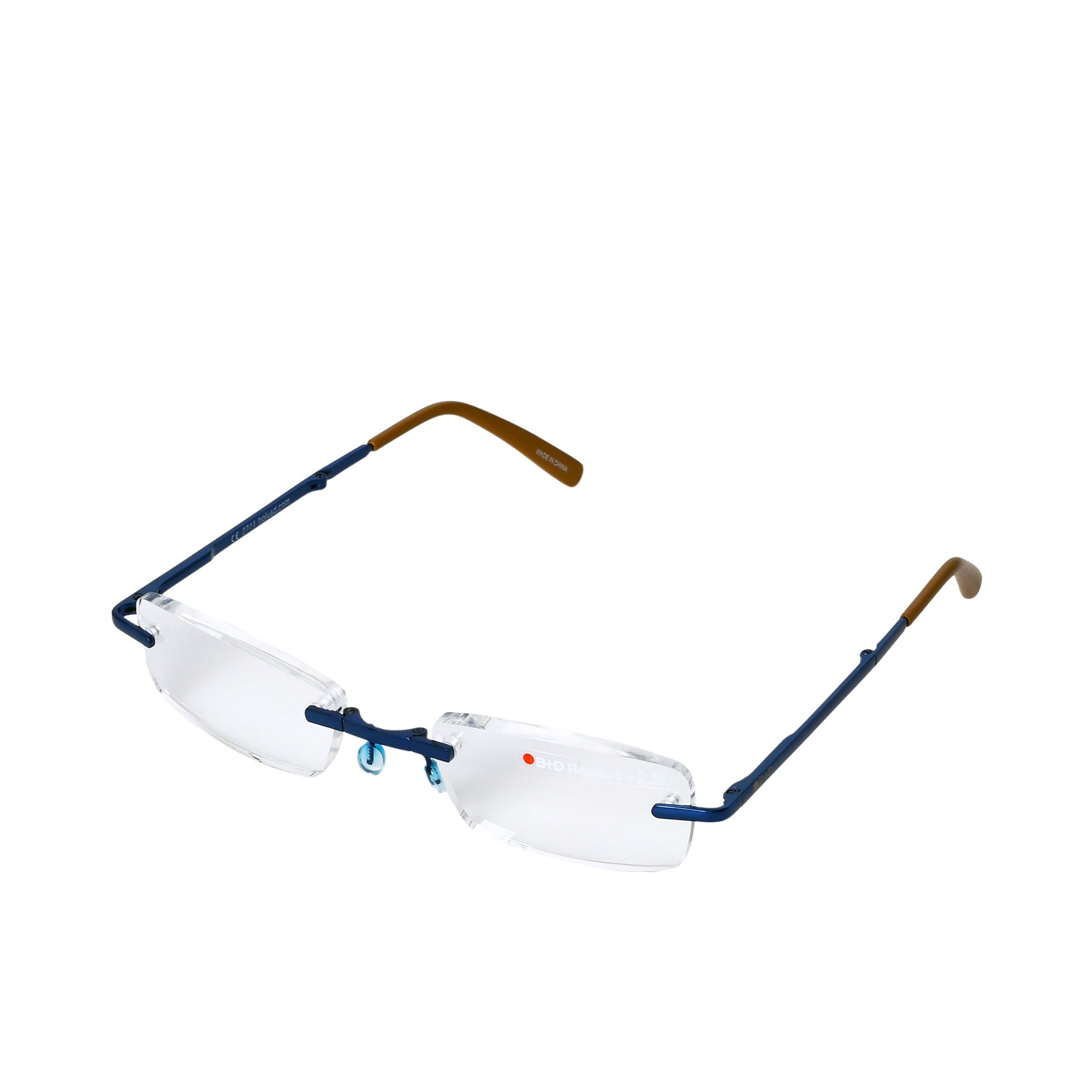 B+D Rimless Reading Glasses in Blue with Brown Temples Secondary image