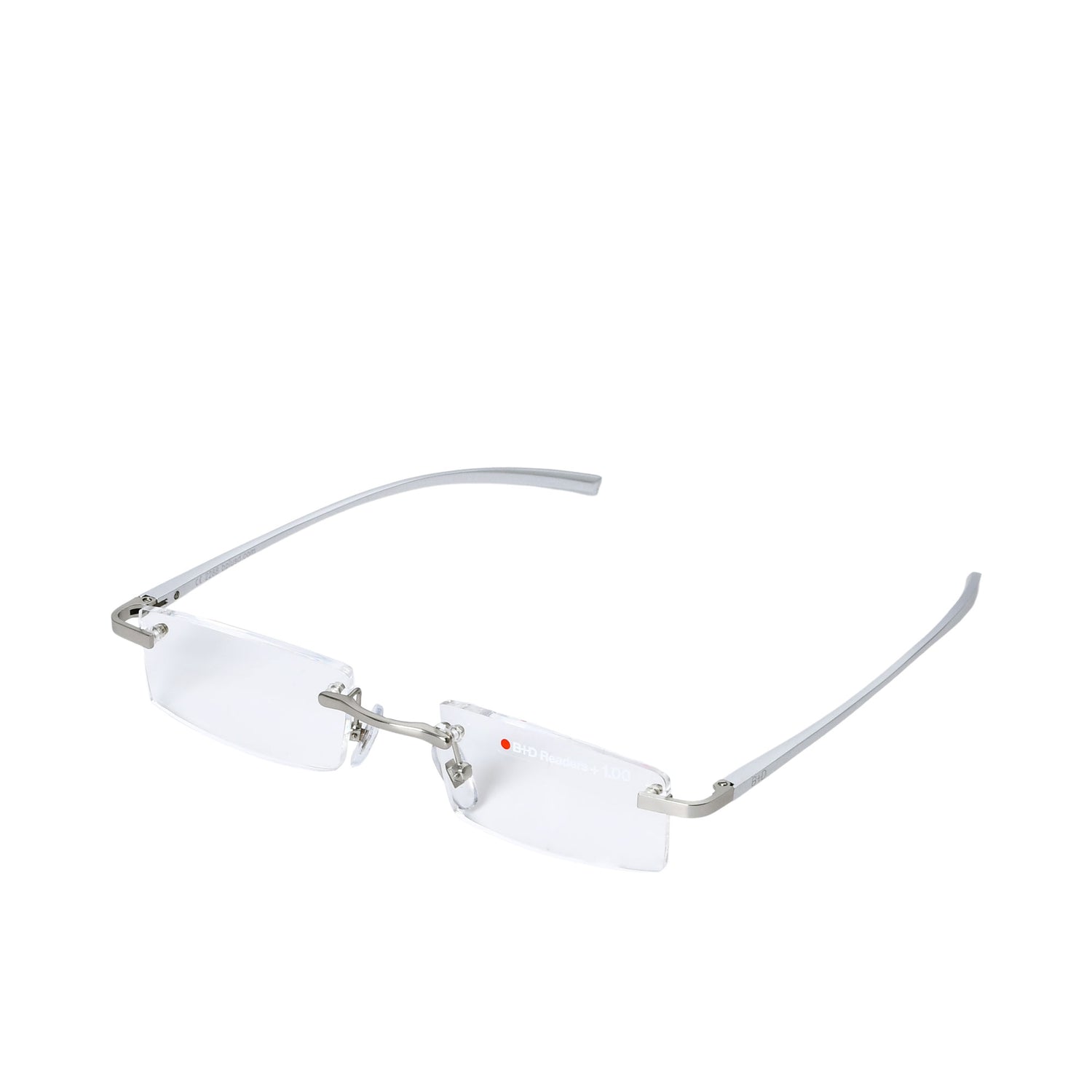 B+D Unisex Silver Rimless Reading Glasses with Clear Lenses — Available for Online Purchase.