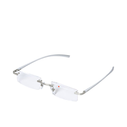B+D Unisex Silver Rimless Reading Glasses with Clear Lenses — Available for Online Purchase.