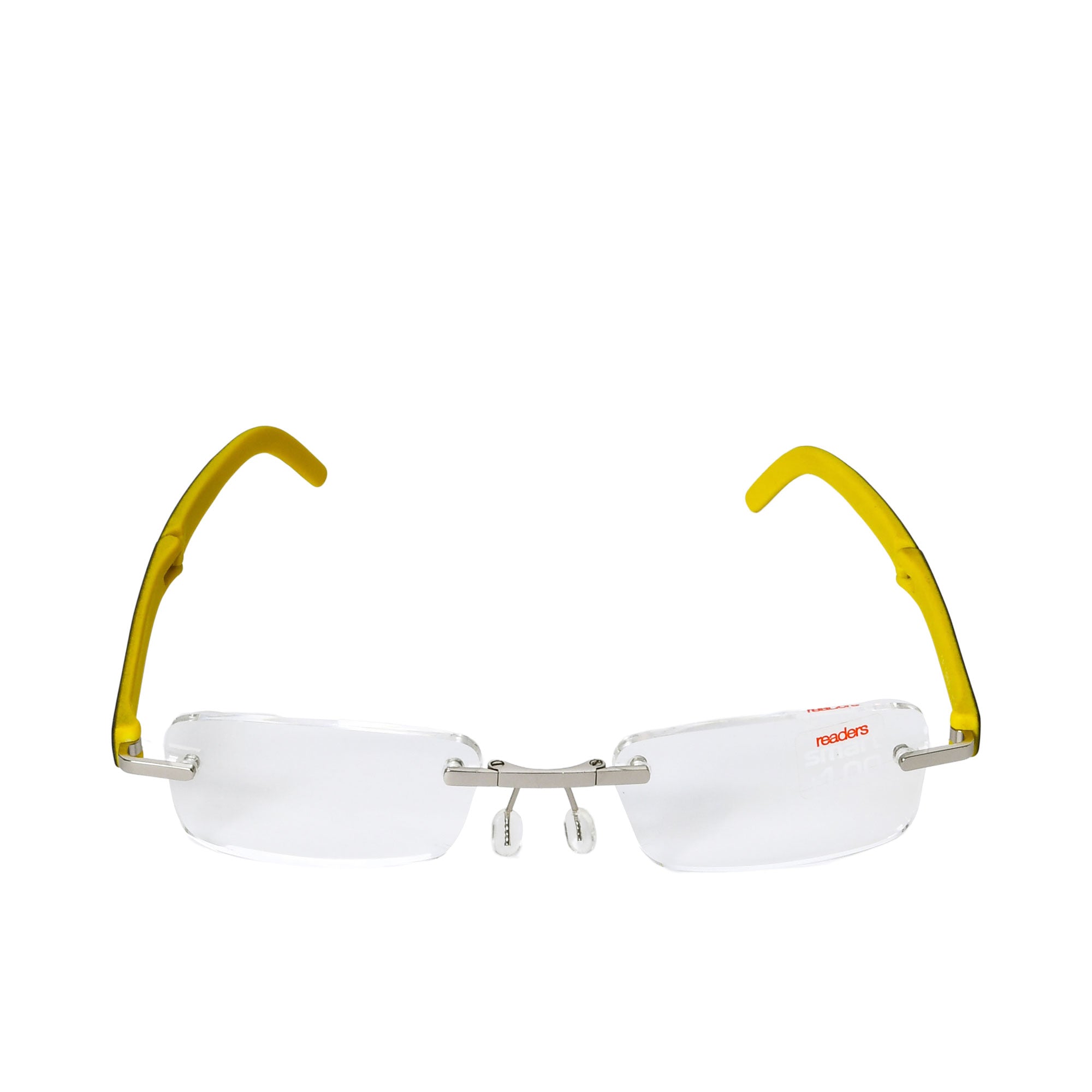 B+D Unisex Silver and Yellow Rimless Reading Glasses with Clear Lenses — Now Online.