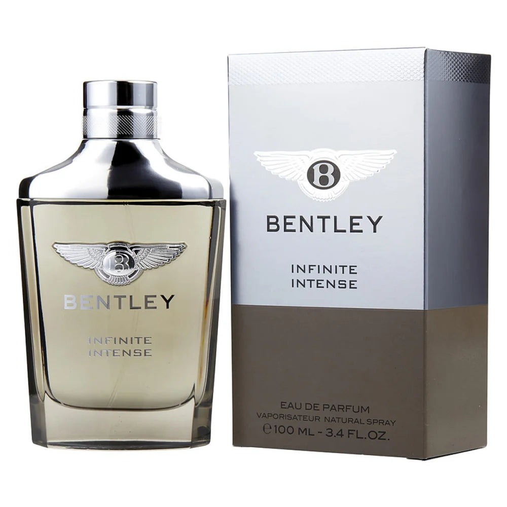 Bentley Infinite Intense Eau de Parfum for Men 100ml in a premium glass bottle with silver detailing, available for online purchase at Paris Gallery Qatar