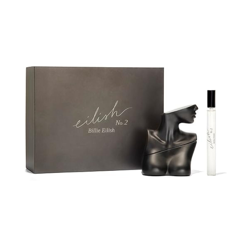 Billie Eilish No.2 Eau de Parfum Gift Set with 100ml bottle and 10ml travel spray, available for online purchase at Paris Gallery Qatar
