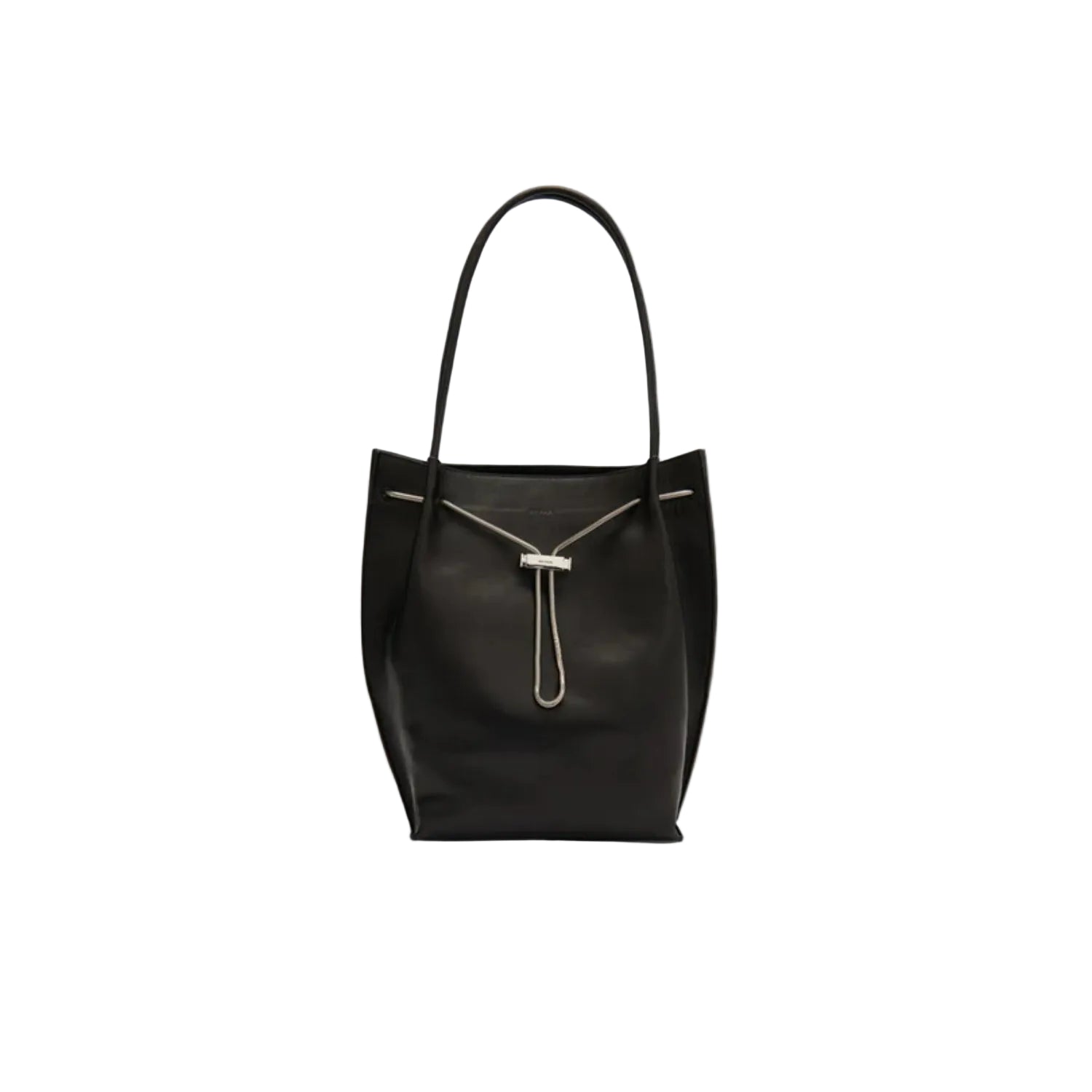 Front view of the BY FAR Kayla shoulder bag in black lambskin leather featuring a slouchy hobo silhouette, dual tubular straps, and a silver-tone chain toggle closure against a neutral background.
