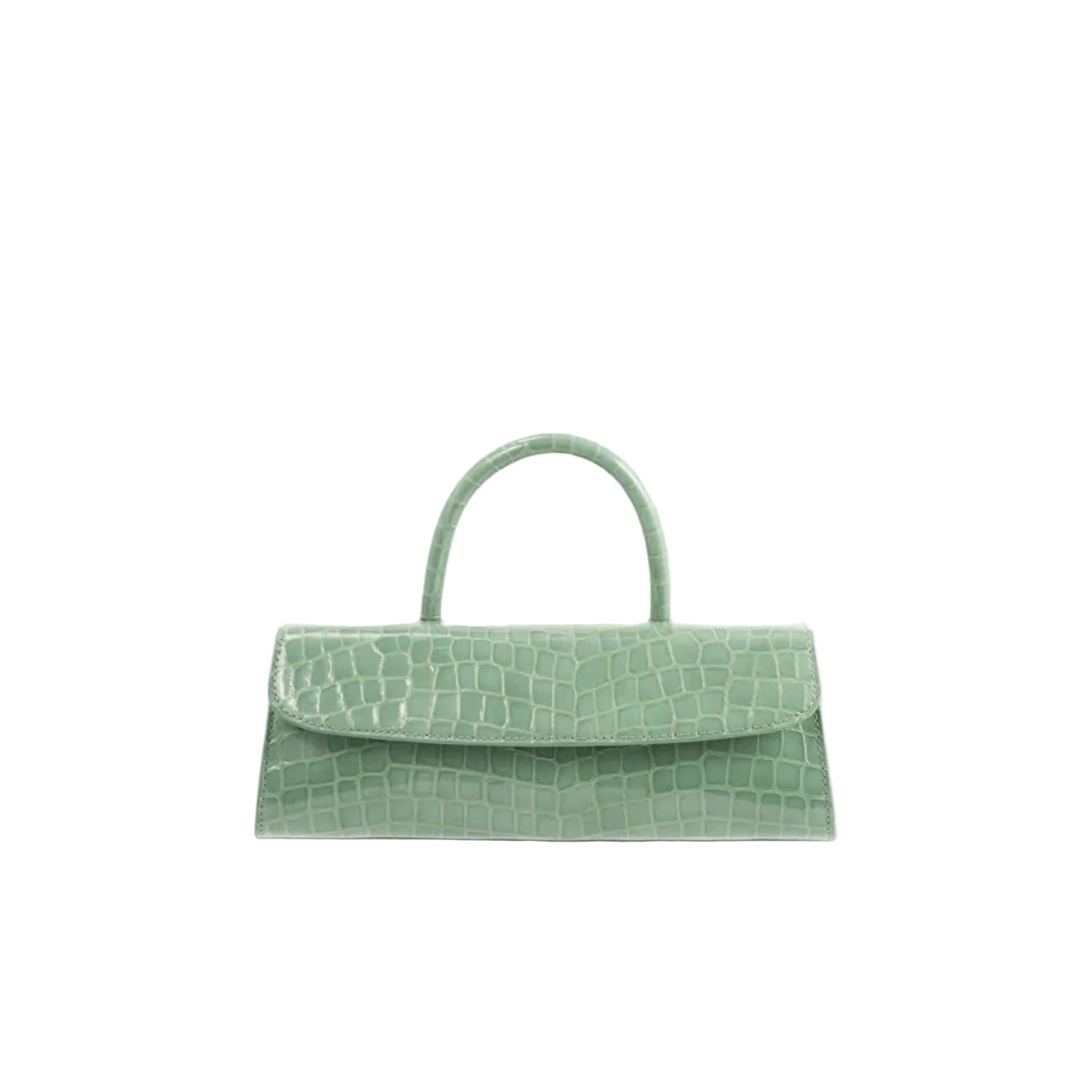 Front view of the BY FAR Mini Longa top handle bag in fresh green croco-embossed leather featuring an elongated rectangular shape and a single curved handle against a light grey background. Main image