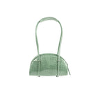 Front view of the BY FAR Kimberly Bowler shoulder bag in fresh green croco-embossed leather featuring a semi-circular body, two long tubular straps, and silver hardware accents.