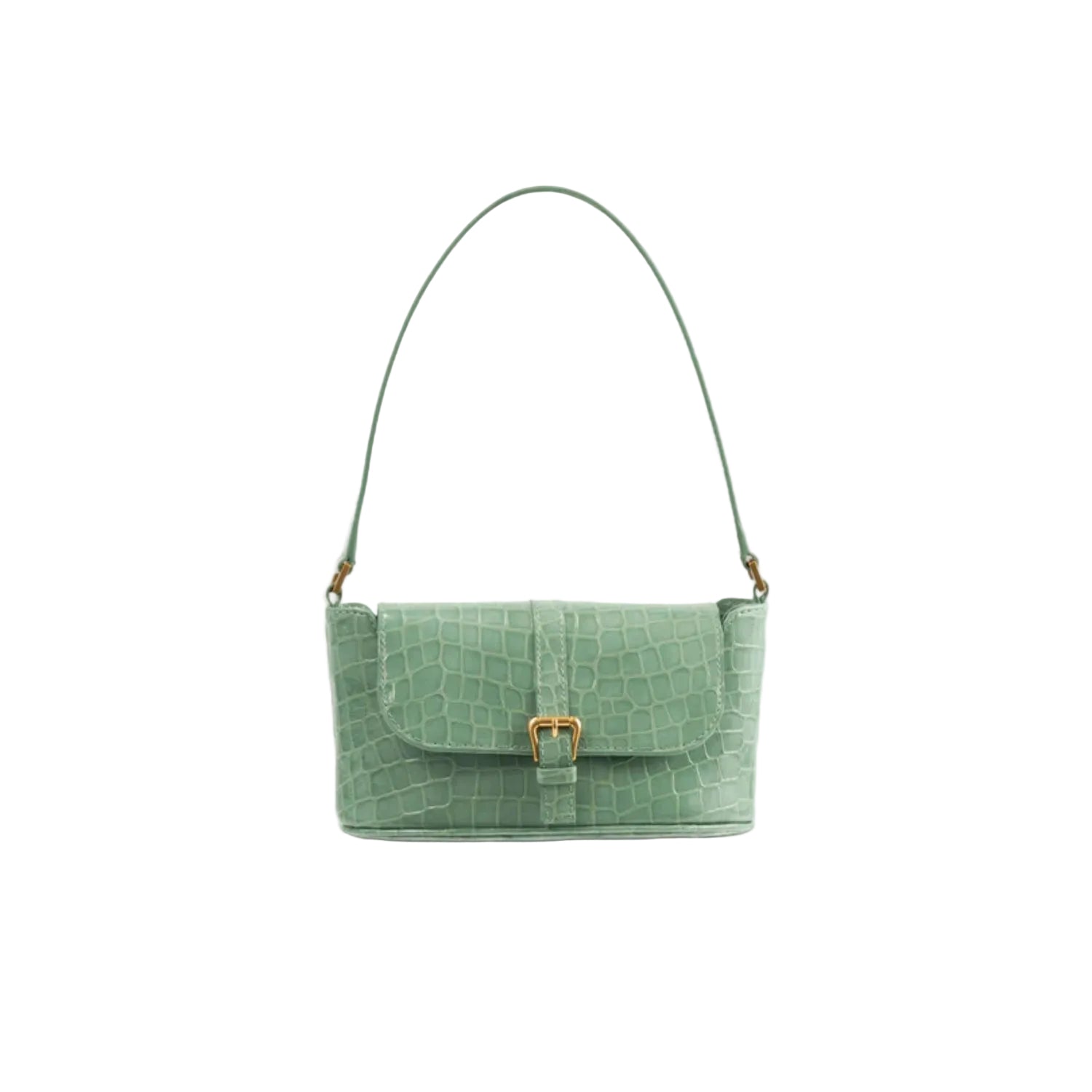 Front view of the BY FAR Miranda baguette bag in a light green croco-embossed leather featuring a matching shoulder strap and gold-tone buckle against a light grey background.