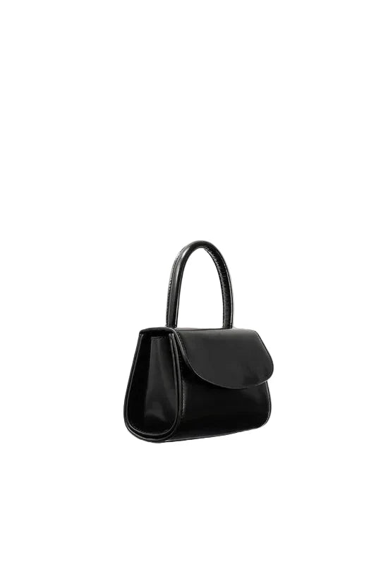 Side view of the BY FAR Mini 2.0 top handle bag in black semi-patent leather featuring a small structured body and a single curved handle against a light grey background.
