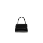 Front view of the BY FAR Mini 2.0 top handle bag in black semi-patent leather featuring a small structured body and a single curved handle against a light grey background.