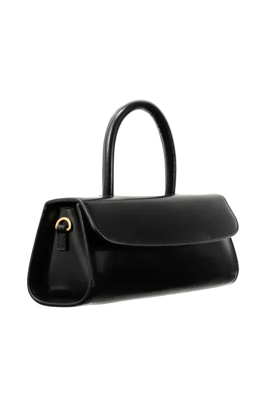 Side view of the BY FAR Mini Longa top handle bag in black semi-patent leather featuring an elongated rectangular silhouette and a single curved handle against a light grey background.