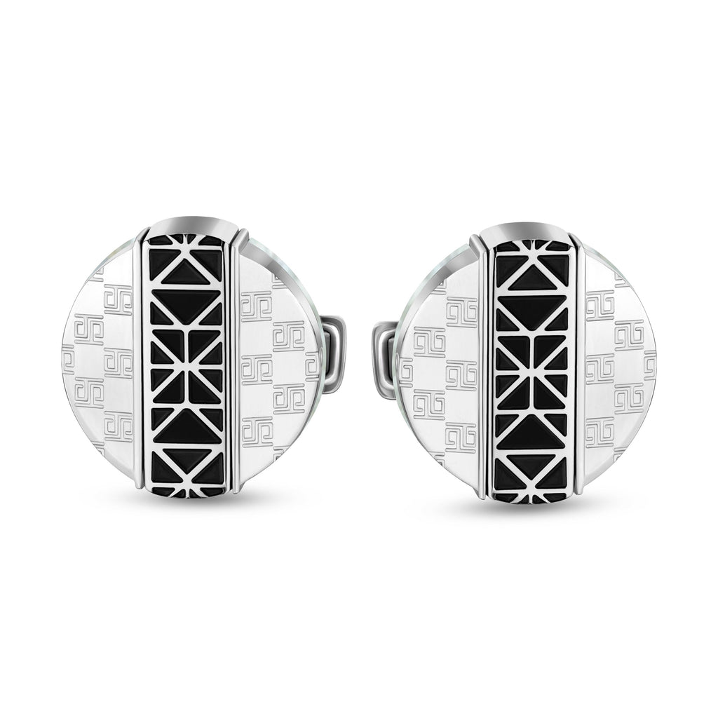Pair of silver-toned Saint Honore cufflinks with a central black geometric pattern and repeating square motifs on the sides.