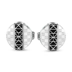 Pair of silver-toned Saint Honore cufflinks with a central black geometric pattern and repeating square motifs on the sides.