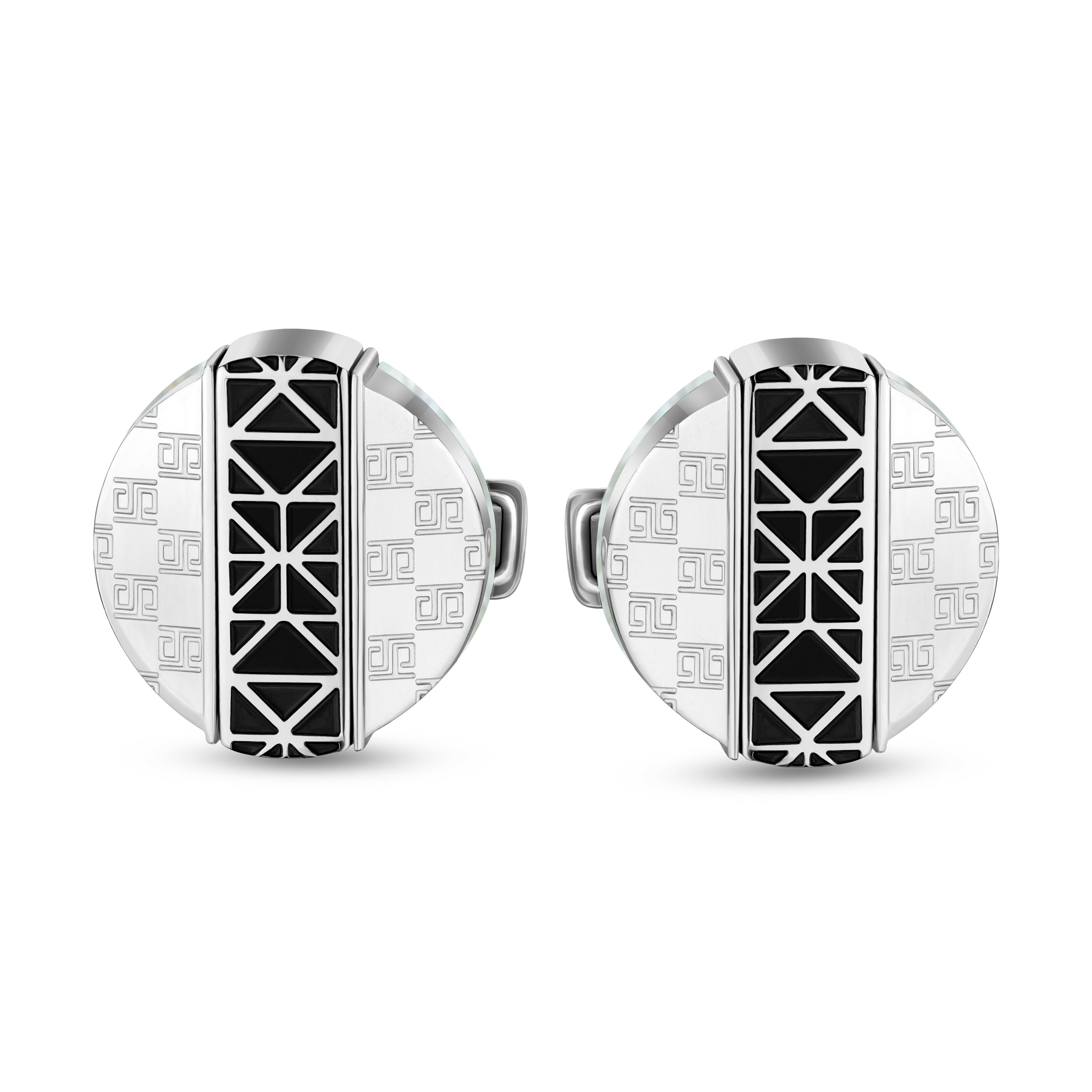 Pair of silver-toned Saint Honore cufflinks with a central black geometric pattern and repeating square motifs on the sides.
