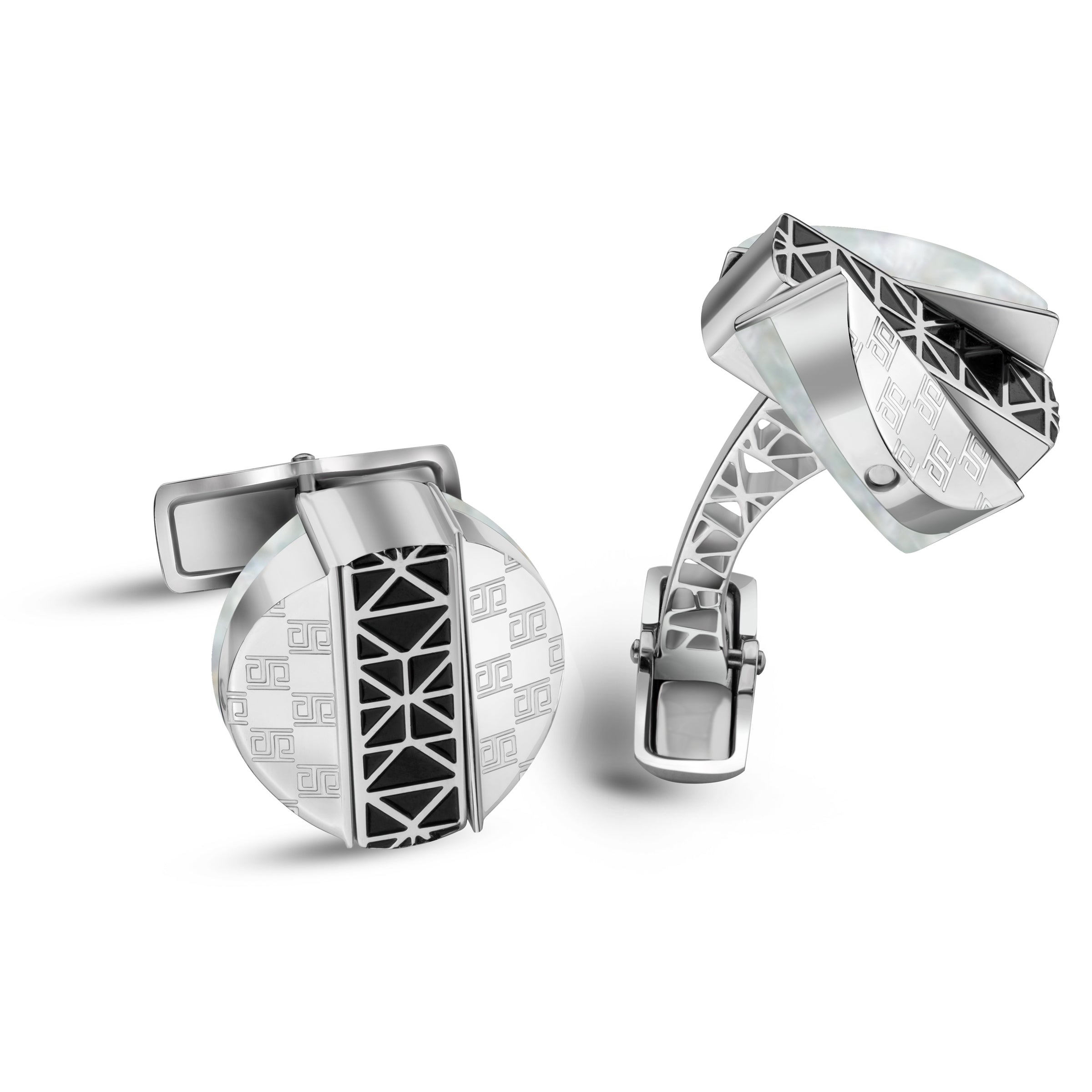 Silver-toned cufflinks with mother-of-pearl and black geometric. Round with square motifs; multi-faceted with openwork arm.