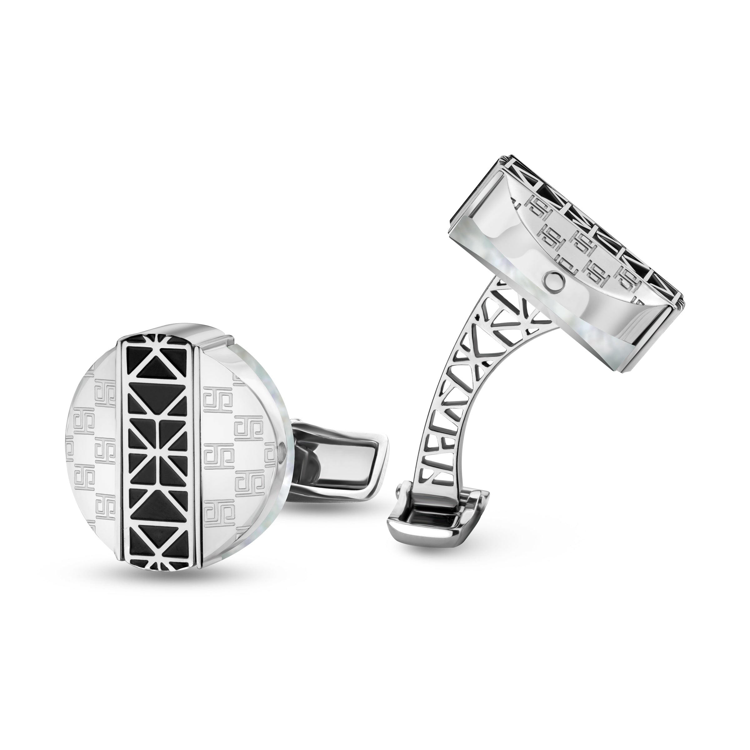 Silver-toned cufflinks with white MOP and geometric patterns. One round with black center, other rectangular with openwork ar