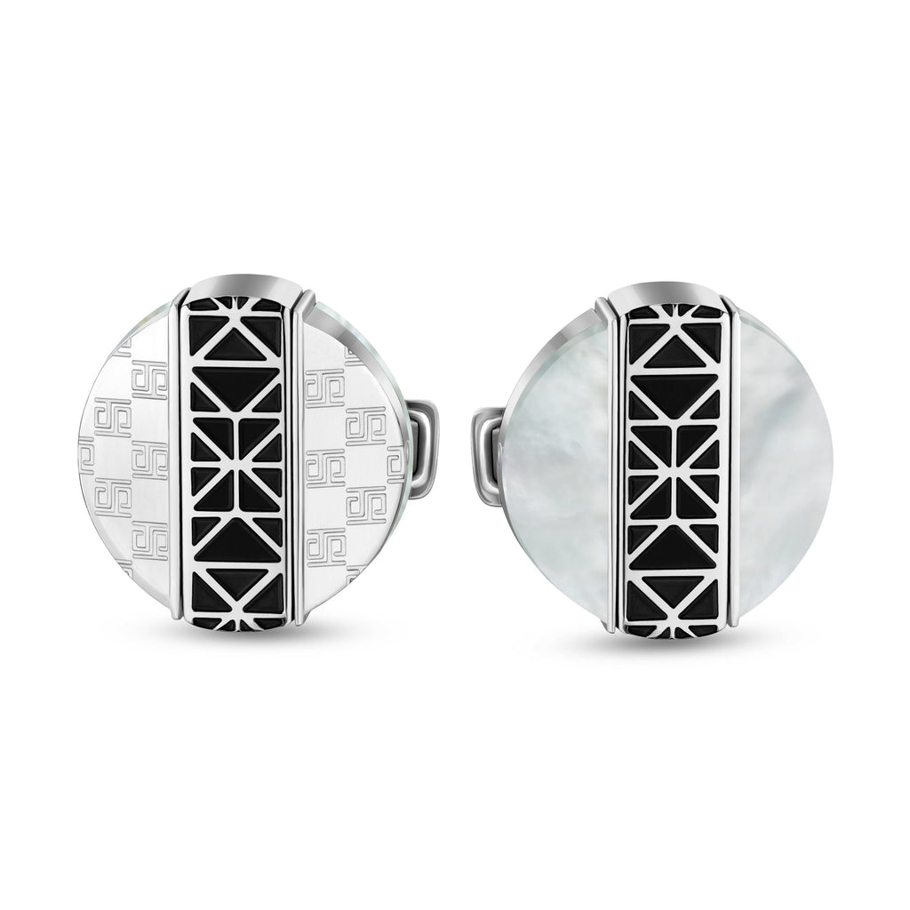 Silver-toned round cufflinks. One has monogrammed silver sides, the other white mother-of-pearl. Both with black geometric st
