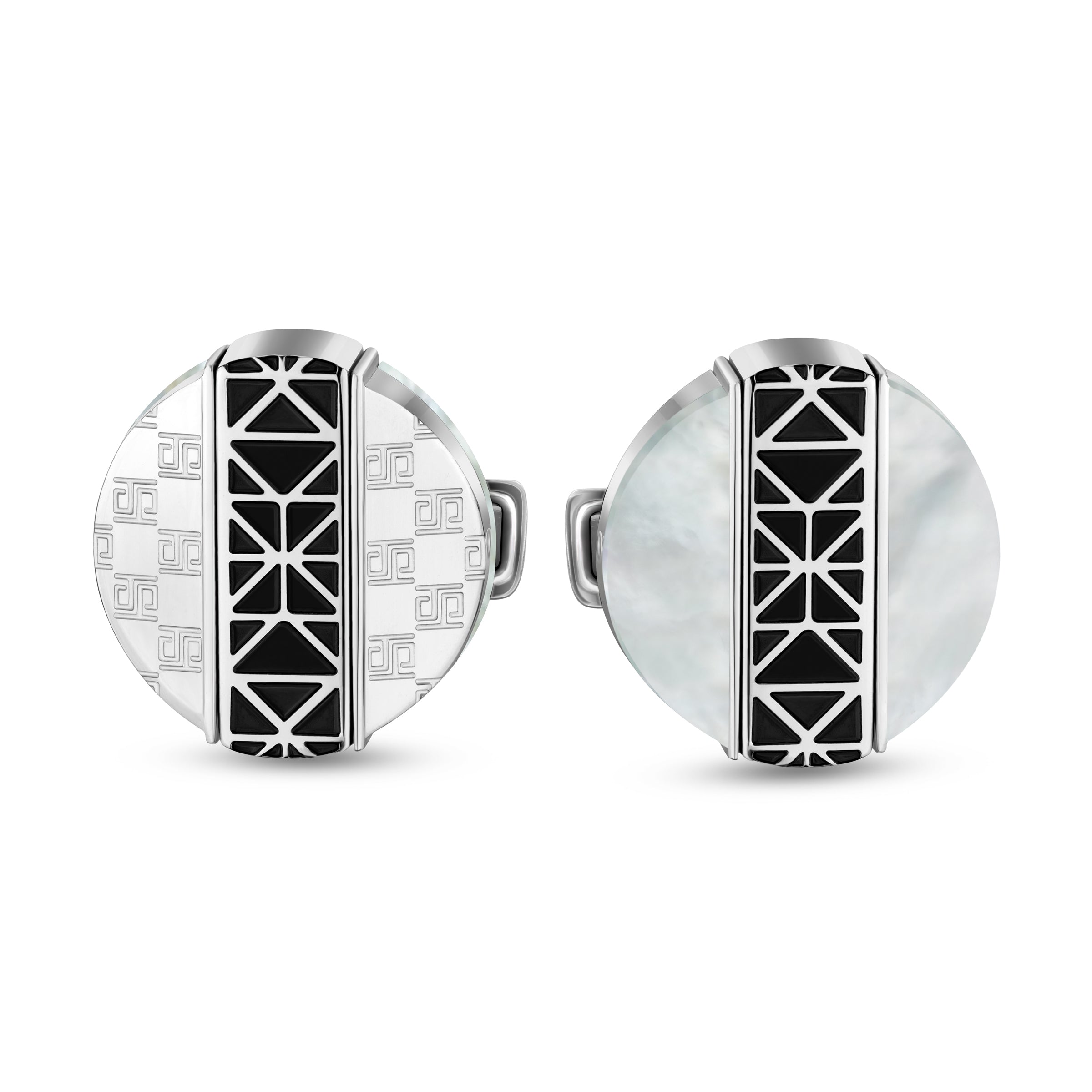 Silver-toned round cufflinks. One has monogrammed silver sides, the other white mother-of-pearl. Both with black geometric st