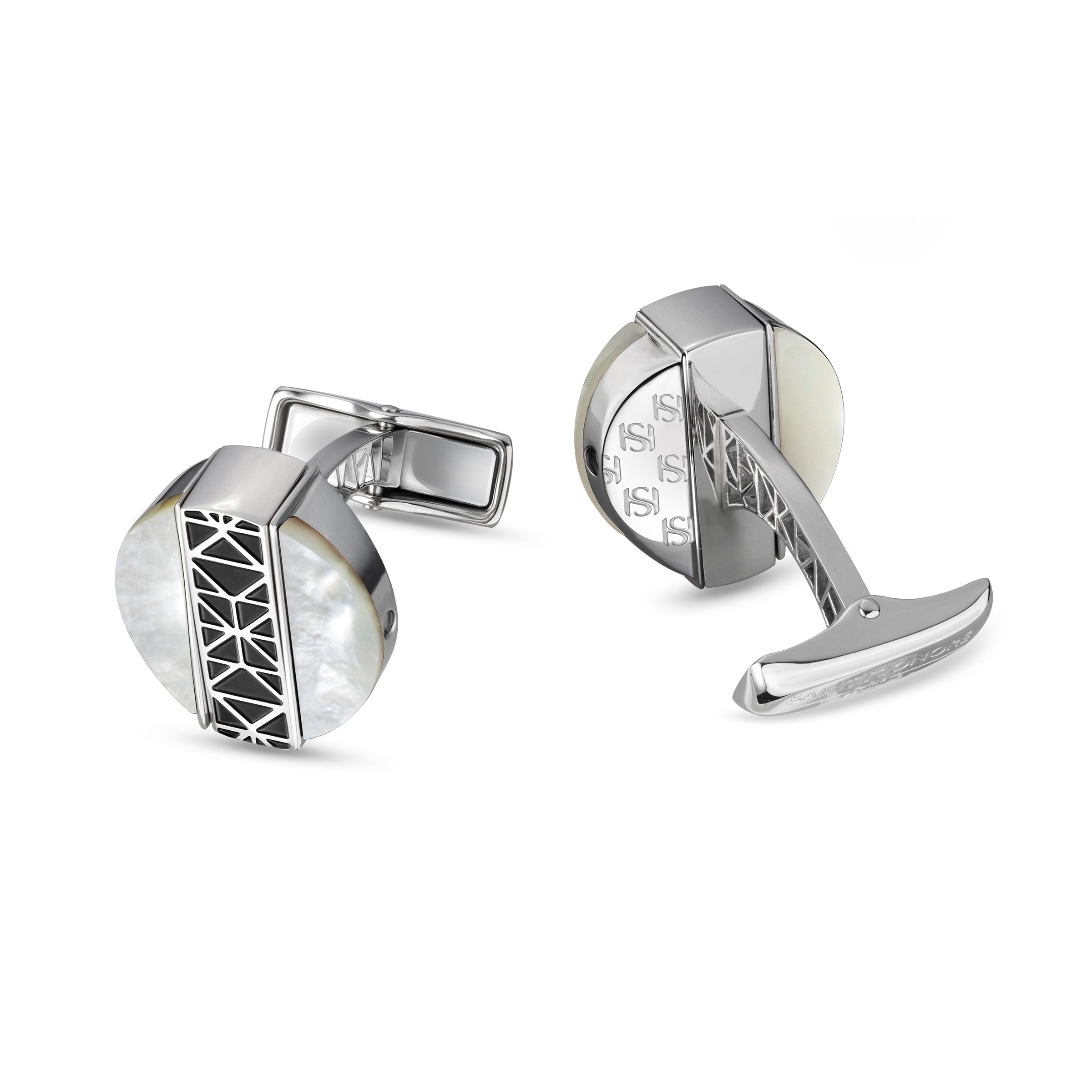 Silver-toned cufflinks with round mother-of-pearl faces and black geometric lattice. Monograms and 'CHAMP DE MARS' engraving