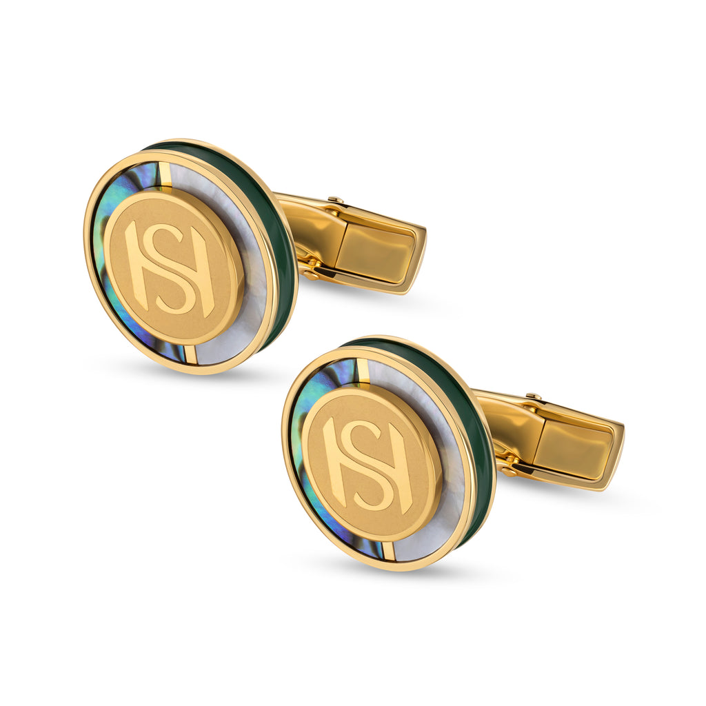 Saint Honore Mother of Pearl Dark Green Cufflinks with Polished Gold Plating