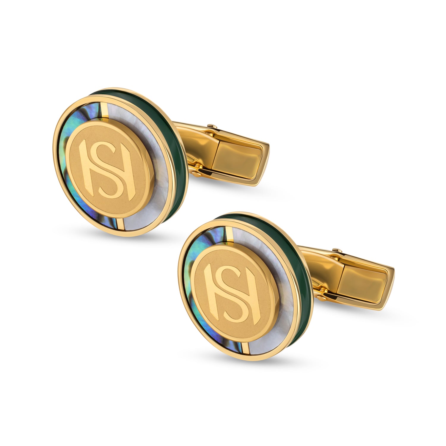 Saint Honore Mother of Pearl Dark Green Cufflinks with Polished Gold Plating