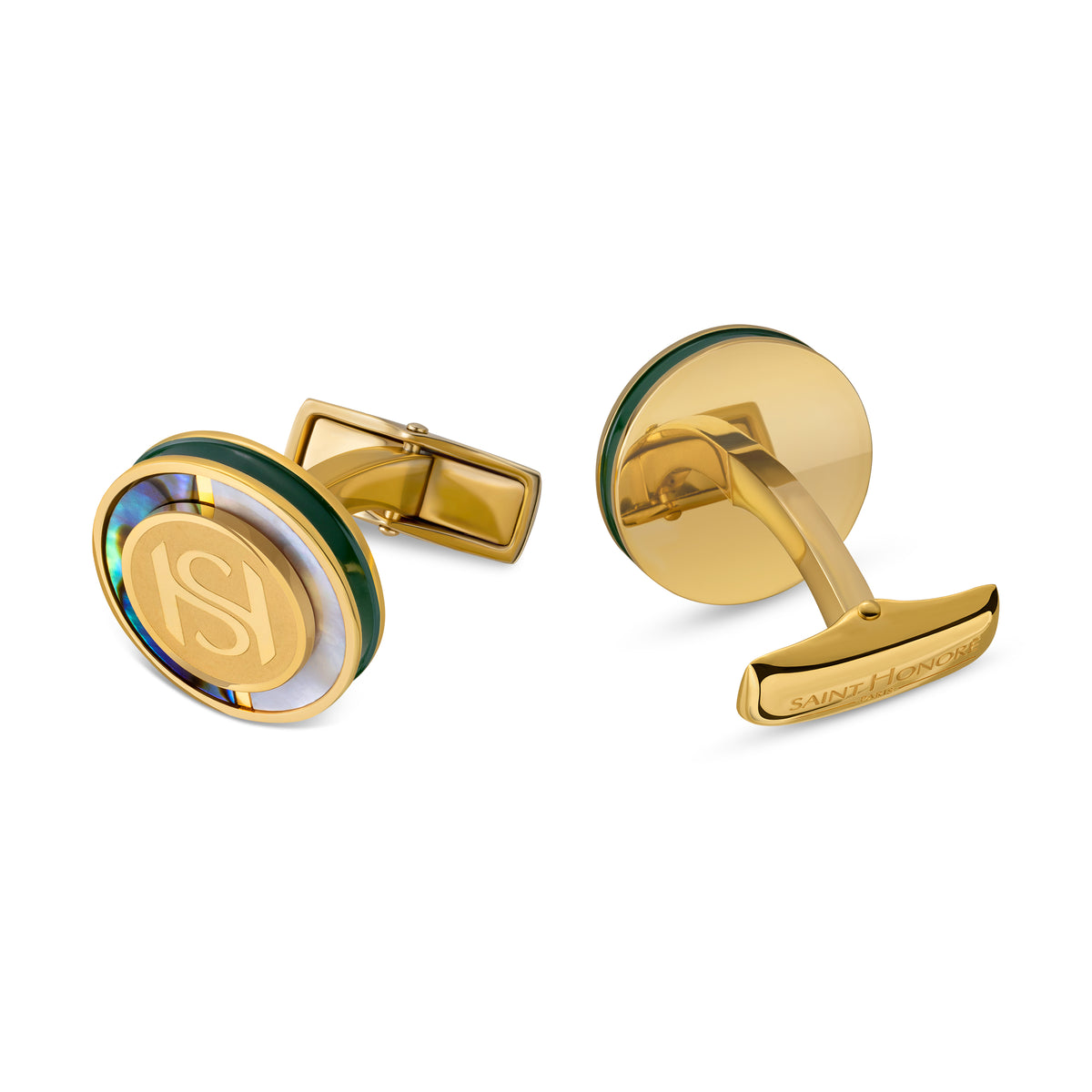 Saint Honore Mother of Pearl Dark Green Cufflinks with Polished Gold Plating Saint Honore Mother of Pearl Dark Green Cufflinks with Polished Gold Plating