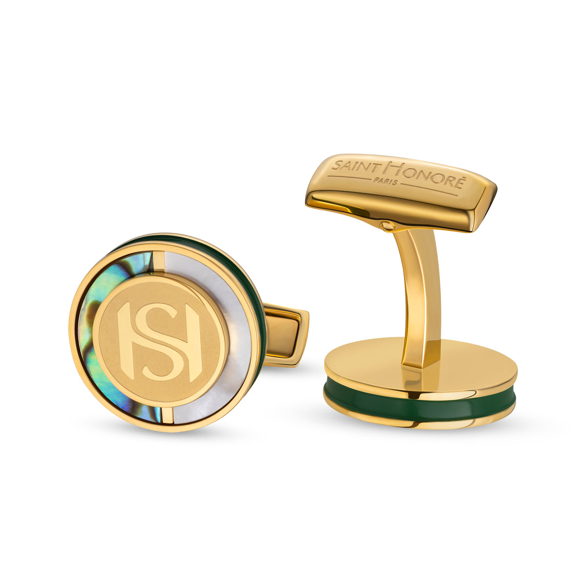 Saint Honore Mother of Pearl Dark Green Cufflinks with Polished Gold Plating Saint Honore Mother of Pearl Dark Green Cufflinks with Polished Gold Plating