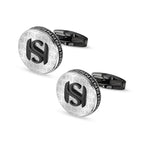 Pair of round silver-toned cufflinks with a black 'HS' logo on the face and black T-bar fastening.