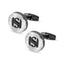 Pair of round silver-toned cufflinks with a black 'HS' logo on the face and black T-bar fastening.